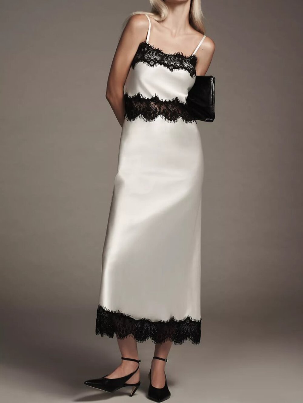 NWT Anthropologie Maxi Dress Let Me Be Polina White Satin Black Lace Slip size M
